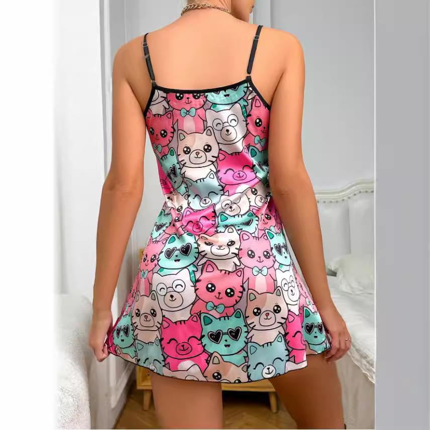 SVCP000092 Backless halter dress, silk-like nightgown, summer printed pajama short skirt, women's home wear
