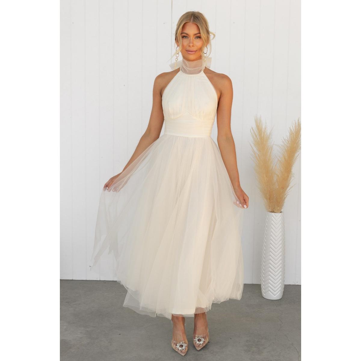 SVCD000027  multi-color casual vacation dress with a high-neck mesh tulle