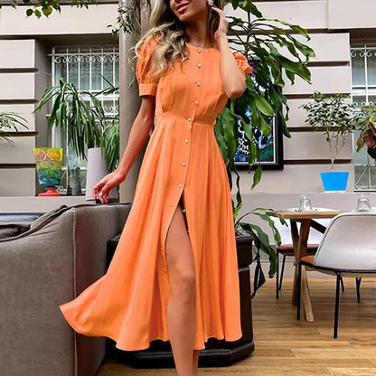 SVCD000023 High-waisted, solid color, fashionable, and slit European and American dress with a feminine style for commuting