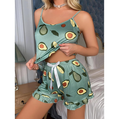 SVCP000113 Women's plus-size pajamas, avocado printed casual halter nightgown, thin home wear set
