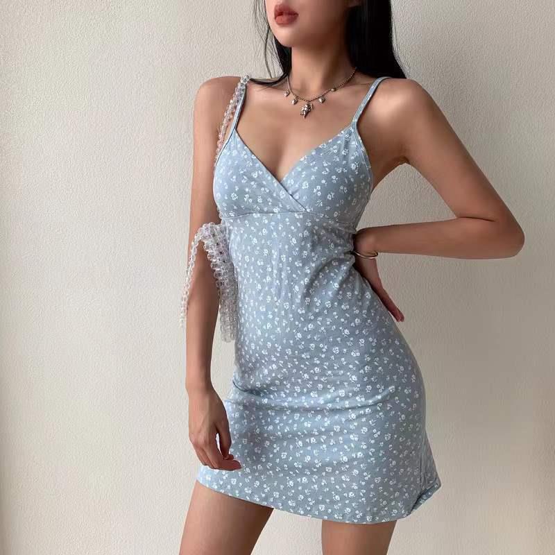 SVCD000066 Retro printed V-neck halter dress, floral halter dress for women's wear