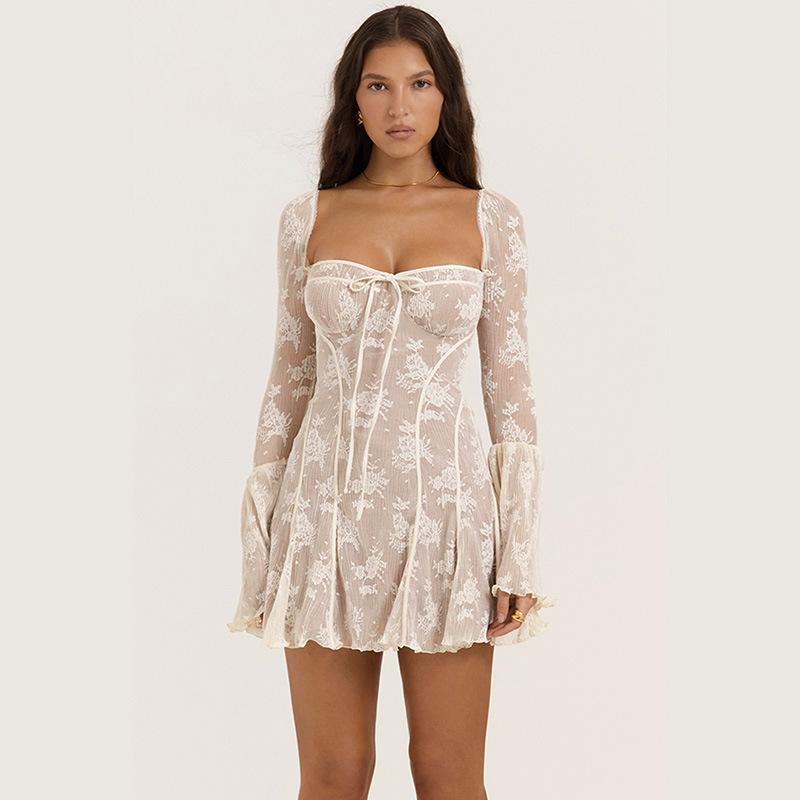 SVCD000114 women's elegant, fashionable, fitted, lace, flared, long-sleeved, lace-up, A-line dress