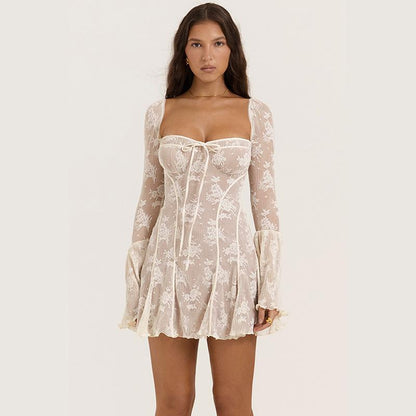 SVCD000114 women's elegant, fashionable, fitted, lace, flared, long-sleeved, lace-up, A-line dress