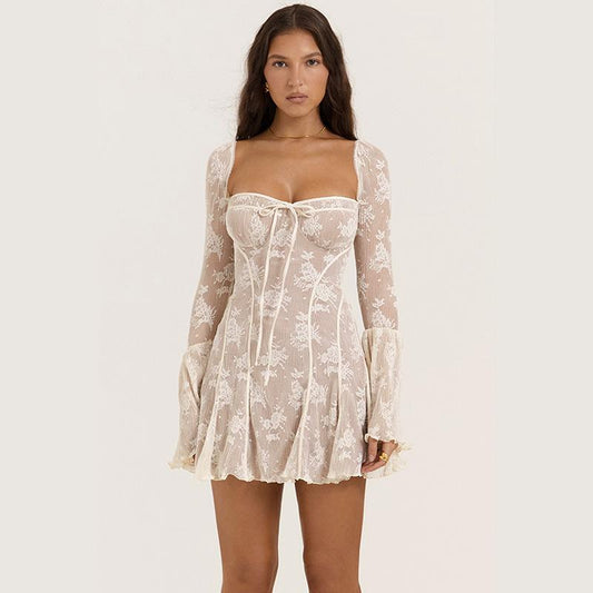 SVCD000114 women's elegant, fashionable, fitted, lace, flared, long-sleeved, lace-up, A-line dress