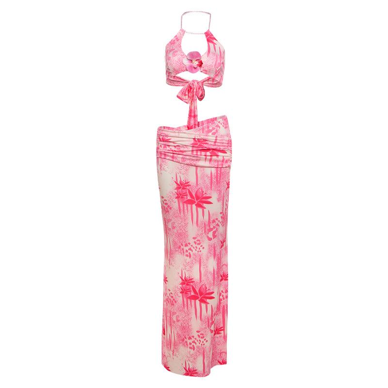 SVCD000043 Women's sexy pearl chain halter top and printed skirt set