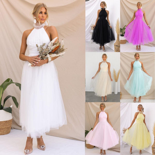 SVCD000027  multi-color casual vacation dress with a high-neck mesh tulle
