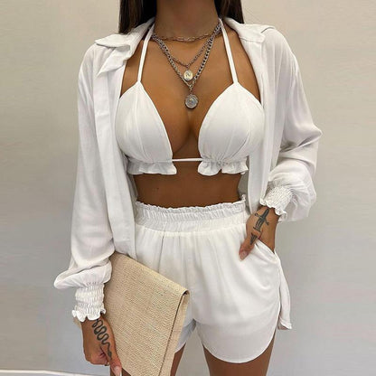 SVCM000080  Three-piece set  Sexy European and American women's solid-color shorts fashion
