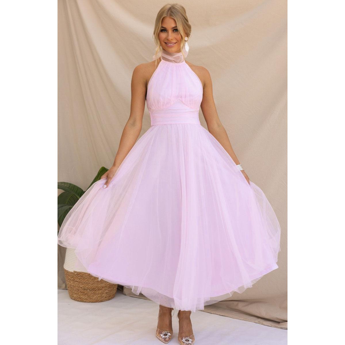 SVCD000027  multi-color casual vacation dress with a high-neck mesh tulle