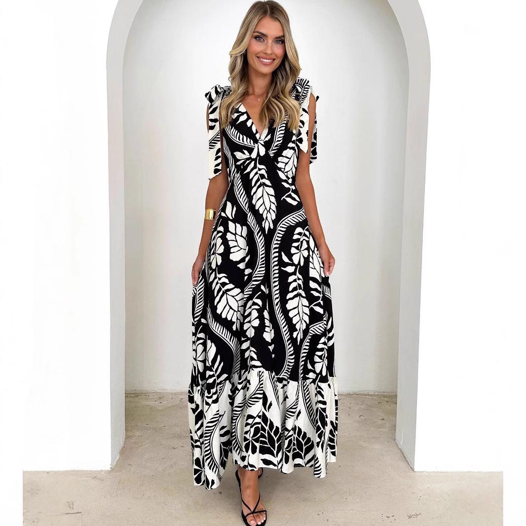 SVCD000123 Summer fashion women's long V-neck sleeveless Bohemian-style dress