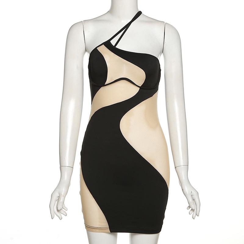 SVCD000115 Women's fashionable off-the-shoulder sexy see-through mesh dress that fits the figure and wraps the buttocks