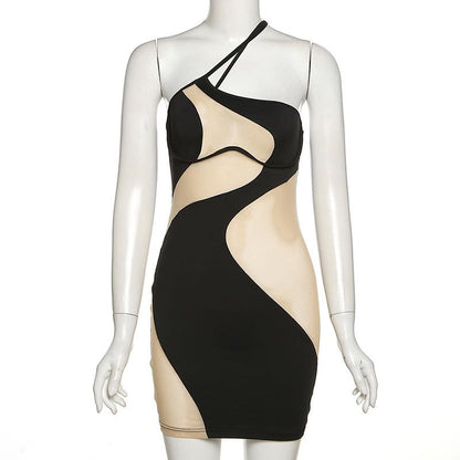 SVCD000115 Women's fashionable off-the-shoulder sexy see-through mesh dress that fits the figure and wraps the buttocks