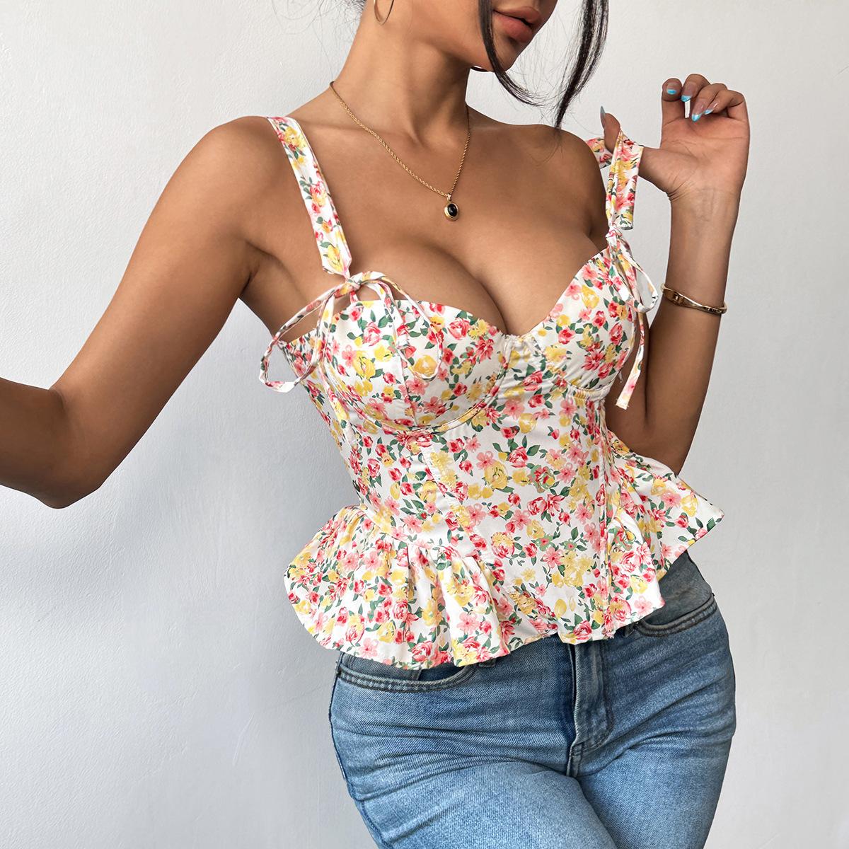 SVCST000017 Adjustable floral lace-up, fishbone corset, cinched waist, ruffled strappy vest