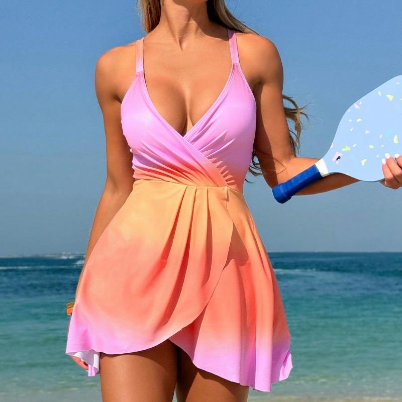SVCSM000077  Solid color sleeveless chest pleated waist-cinching dress, one-piece women's swimming suit