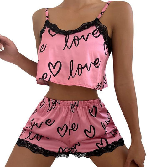 SVCP000125  Summer fashionable home wear, ladies' cute printed pajamas, fashionable lace patchwork halter suit