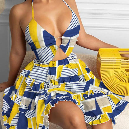 SVCD000128 Summer fashion hollowed-out strap V-neck style halter print dress