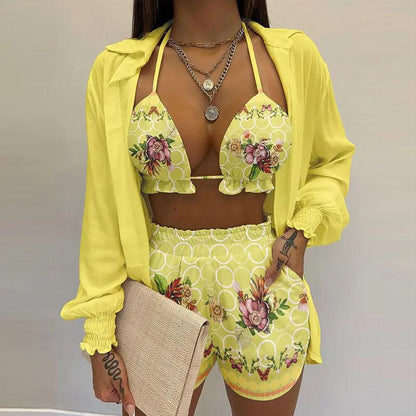 SVCM000080  Three-piece set  Sexy European and American women's solid-color shorts fashion